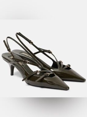 MIU MIU Patent Buckle-Trio Slingback Pumps Olive Green